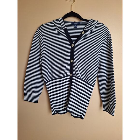 Chaps Womans Medium Navy/White Stripped Nautical Hooded Button Front Cardigan... - Picture 1 of 10